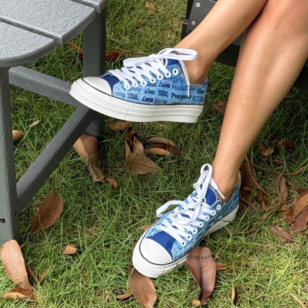 Guardians of Peace" Denim Print Sneakers – Word Collage Canvas Shoes