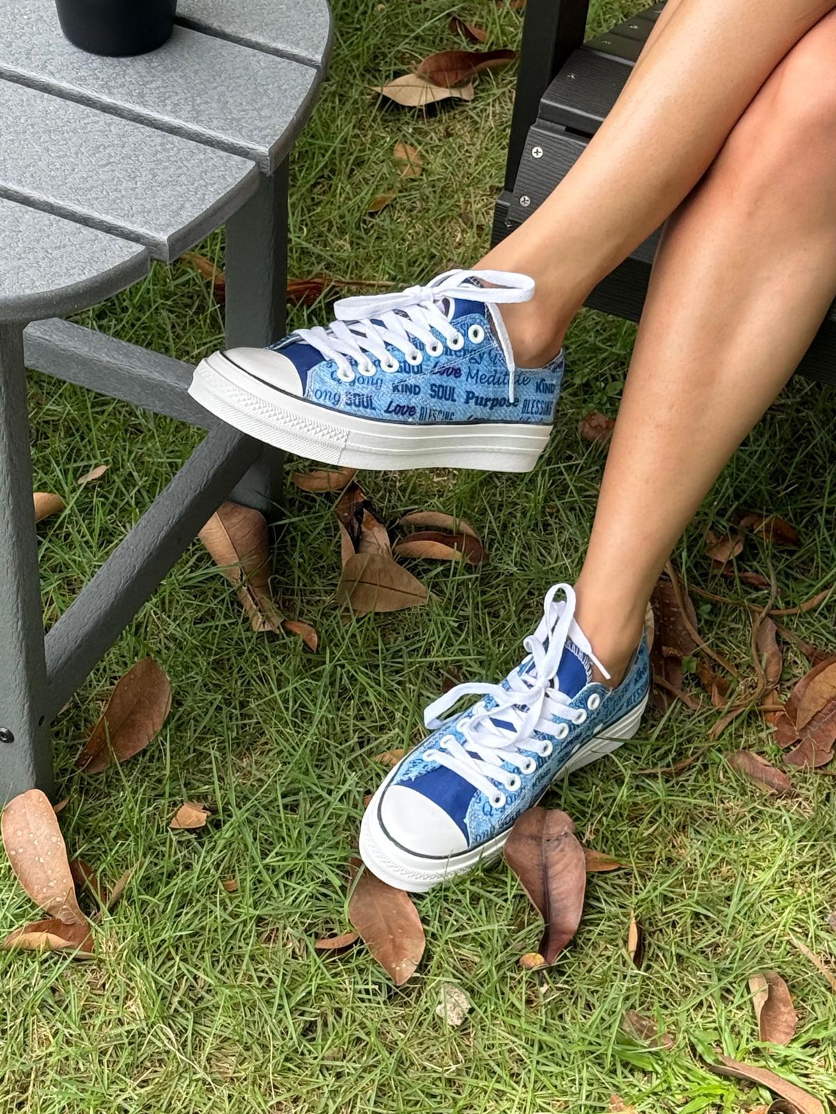 Guardians of Peace" Denim Print Sneakers – Word Collage Canvas Shoes